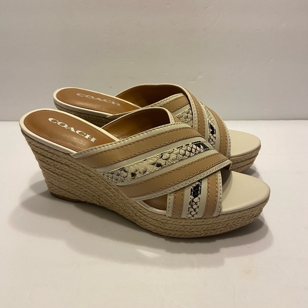 Brand New Coach Florentine Open Toe Leather Wedge Sandals Chalk Sz 10 - Picture 3 of 13